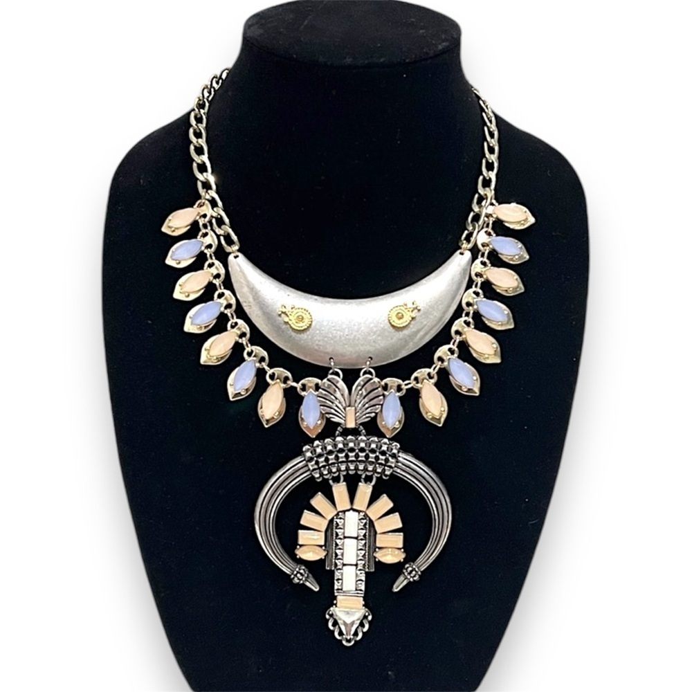 Crescent Moon Custom Statement Bib Necklace, abstract squash blossom,silver tone